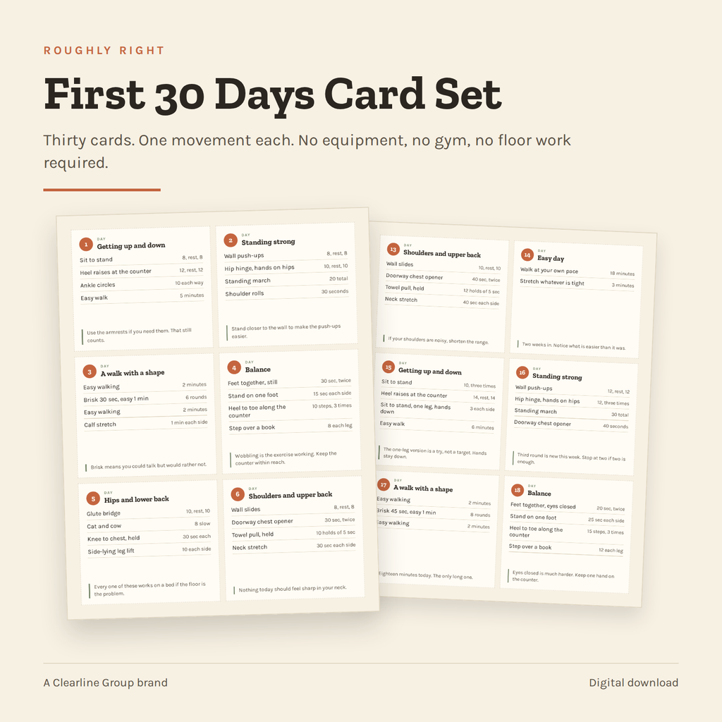 First 30 Days Card Set cover, showing two printed pages of movement cards with the day number, movements and counts on each